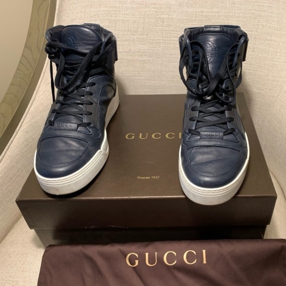 Gucci Leather High Tops -  Navy - Men’s Sz 8 - Picture 1 of 8